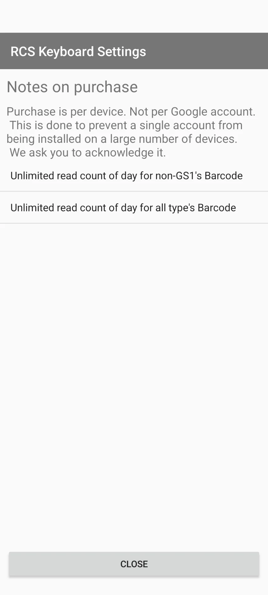 RCS Barcode Keyboard screenshot